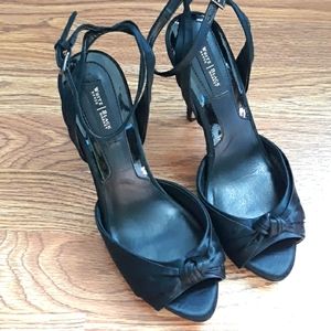White House Black Market open toe satin bow heels. Size 7